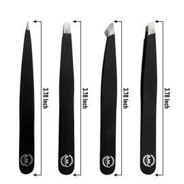 AMJ Professional Eyebrow Tweezers Set, Black Stainless Steel, 4 Piece Precision Tips with Case, 3.78 Inch Length, women beauty care set,Best Gift for Beautiful eyes.