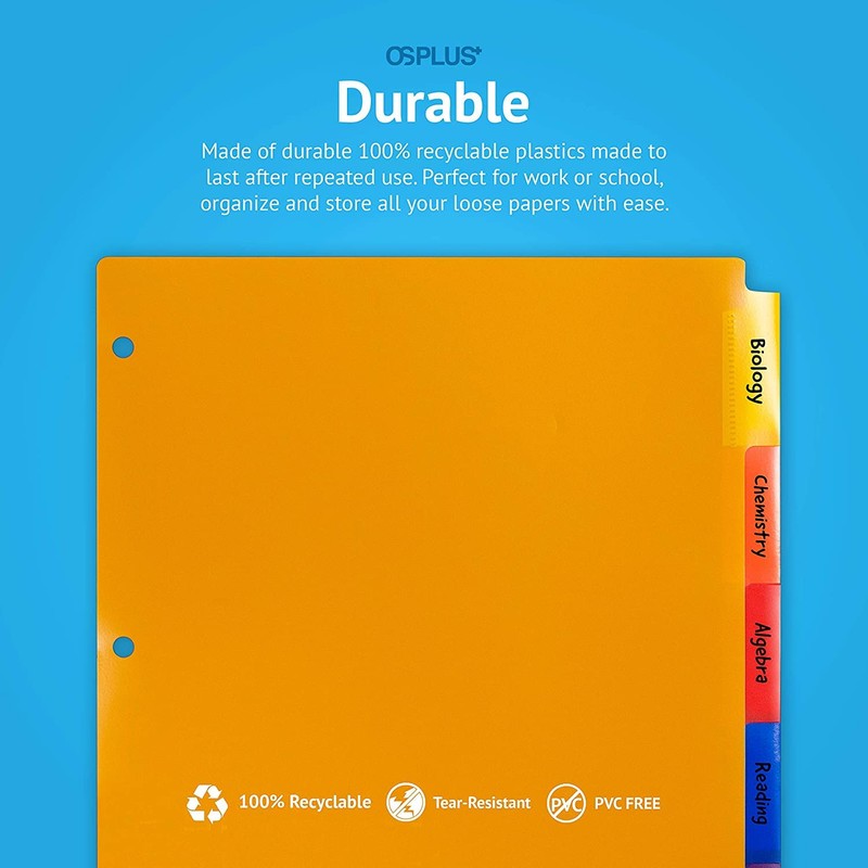 OS Plus 5-Tab Plastic Binder Dividers, Insertable Multicolor Big Tabs,