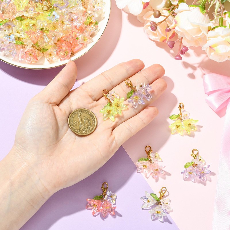 DanLingJewelry 60Pcs Colorful Acrylic Flower Leaf Pendants Delicate Lily Floral