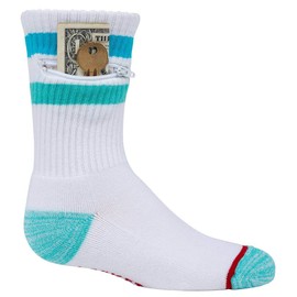 Pocket Socks Moisture Wicking Boys Crew Socks with Hidden Pocket - Cushioned Socks with Zipper Pocket for Kids - Holds Medication, House Key, Lunch Money - Aqua/Blue/White (Kid Size 8-12 Years Old)