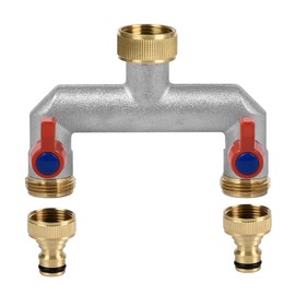 3/4 Inch 2 Way Brass Tap Splitter, Hose Tap Splitter Connection with 2 Individual Valves On/Off and Two Quick Connector for Garden Kitchen Faucet Watering System