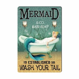 Mermaid Decor Vintage Funny Mermaid Bathroom Decor Vintage Metal Tin Sign - Wash Your Tail - Cafe Office Home Toilet Signs Room Bedroom Wall Decor 8X12Inch