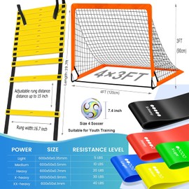 Soccer Goals for Backyard, Portable Soccer Goal, Football Practice, Soccer Training Equipment for Young (4'x 3' Goal*1, Resistance Bands Set*1, 20FT & 12 Rungs Agility Ladder*1, Size 4 Soccer Ball*1)