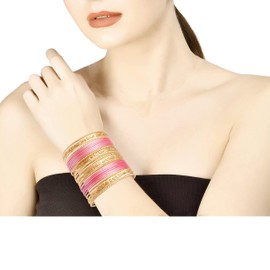 NEW! Touchstone Indian Bollywood "Colorful 2 Dozen Collection" Golden Glitter Caramel Pink Color Large Designer Jewellery Special Bracelets Set of 24 Gold Tone for Women, Metal, No Gemstone