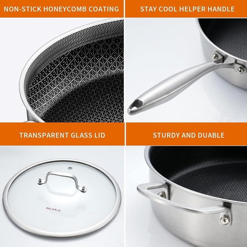 DELARLO Tri-Ply Stainless Steel 12 Inch Deep Frying Pan with