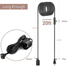JACKYLED 1 Pack UL-Listed 20Ft Extension Hanging Lantern Cord Cable 360W with E26 E27 Socket On/Off Button Pendant Lighting(Black)