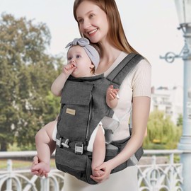 SNOOZYNEST Baby Carrier Newborn to Toddler with Hip Seat, Soft 6-in-1 Ergonomic All Positions Infant Carrier 7-33 Ib with Hood and Multiple Pockets for All Seasion Use for Dad and Mom Dark Grey