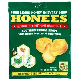 Honees Honey Menthol Cough Drops - 20-Piece, Single Pack Honey-Filled Lozenges | Temporary Relief from Cough | Soothes Sore Throat | All Natural