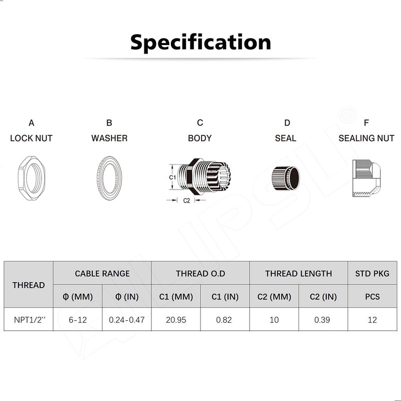 QILIPSU 50pcs 1/2" NPT Cable Gland Waterproof IP68 Nylon Cable