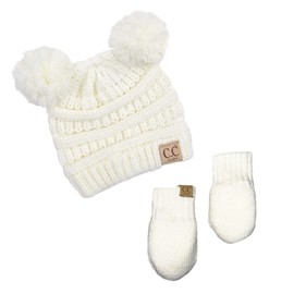 Funky Junque Infant Winter Hat and Gloves Set, White Ivory Baby Double Pom Pom Beanie with Fleece-Lined Mittens, 0-9 Months