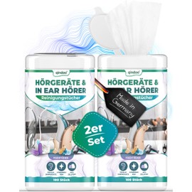 Qindoo 200 x Hearing Aid Cleaning Wipes, Cleaning for All Hearing Systems, Cleans Earwax Even for Headphones, Headset or In-Ear Earplugs Cleaning (2 x Box)