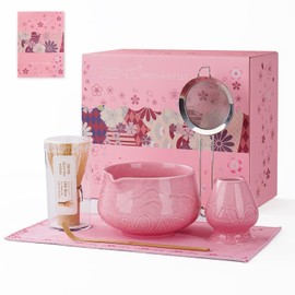 ZENS Matcha Whisk Set, 6pcs Matcha Set Pink Includes 15oz Ceramic Bowl and Bamboo Whisk (Chasen Holder) Scoop, 304 Sifter & Pink Tea Mat, Japanesse Matcha Kit for Matcha Latte-Making