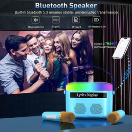 Karaoke Machine, Karaoke Machine for Kids Adults with Lyrics Display, Portable Bluetooth Dual Speaker with 2 Wireless Microphones, 7 Modes Night Lights, White Noise, 8G Card, Card Reader (Blue)