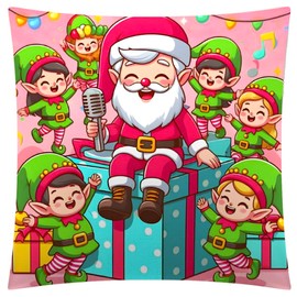 The Beach Stop Pop Art Father Christmas and The Elves Accent Cushion Cover | Colourful Home Decor Gift Idea | 45x45cm 18x18” | Santa & The Elves