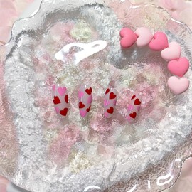 Valentines Press on Nails Medium Almond Fake Nails with Heart Design Valentines Glue on Nails Valentine's Day False Nails for Women Girls 24pcs