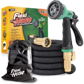 Flexi Hose PLUS con boquilla de 8 funciones, manguera de jardín expandible, ligera y flexible sin torceduras, accesorios de latón macizo de 3/4 pulgadas y núcleo de látex doble, 25 pies, negro