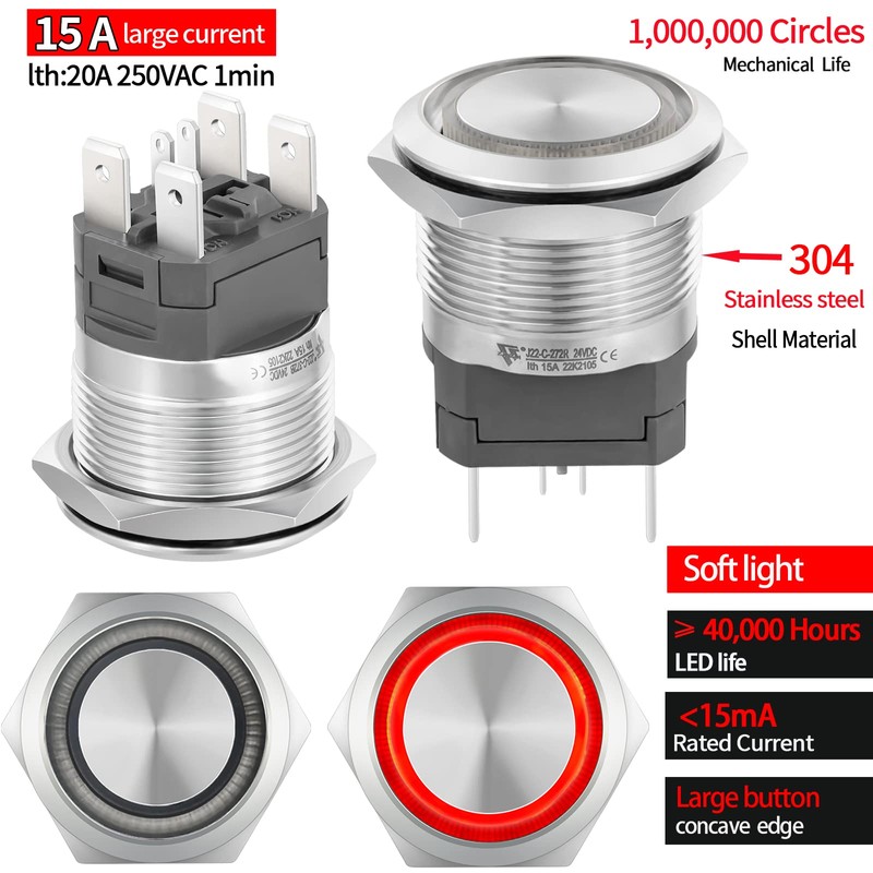 15 Amp 22mm 5/8" Momentary Push Button Switch 24V DC/AC