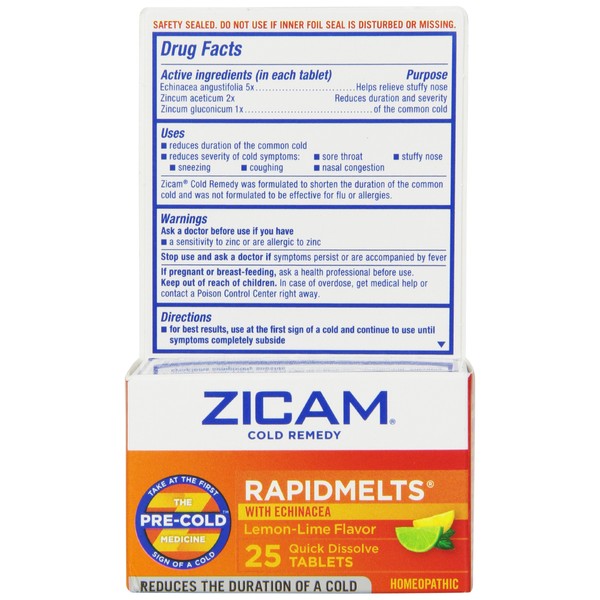 Zicam Cold Remedy RapidMelts with Echinacea, Lemon-Lime Flavor Quick-Dissolve Tablets, 25 Count Homeopathic Cold Remedy, Clinically Proven to Shorten Colds When Taken at The First Sign of Symptoms