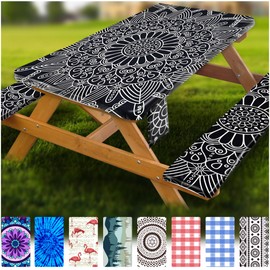 Picnic Table Cover with Bench Covers Vinyl Elastic Edges Fitted Rectangle Tables Seat Waterproof 3-Piece 96X30in Set Outdoor Rectangular Folding Backing Tablecloth Camping Over Size BlackMandala