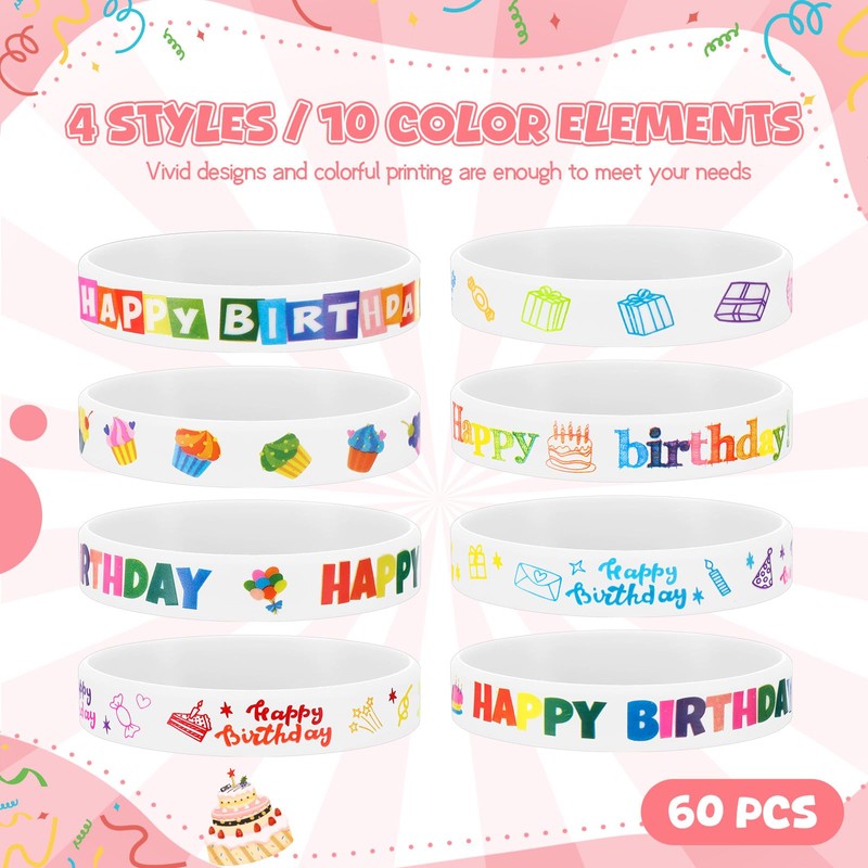 Cunno 60 Pcs Birthday Rubber Bracelets Colorful Silicone Stretch Wristbands