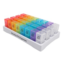 Monthly Pill Box Organiser Large Capacity Am Pm Pill Box Case with 32 Removable Compartments and Marking for Pills and Fish Oil Vitamins