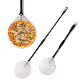 Premium Quality 9" Round Pizza Turning Peel with Perforated Aluminum Paddle, Lightweight Adjustable 32" or 47" Handle. Movable Hand Grip, Rotating Pizza Peel Spinner, Outdoor Pizza Oven Accessories