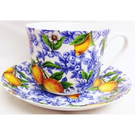 Italian Lemons Breakfast Cup & Saucer Fine Bone China Large Lemons Cup & Saucer Set Hand Decorated in The U.K.