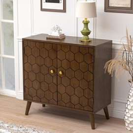 COSIEST Storage Cabinet with Doors, Decorative Storage Cabinet with Honeycomb Pattern, Modern Accent Cabinet with Adjustable Shelf, Walnut Credenza Free-Standing Sideboard Buffet Cabinet
