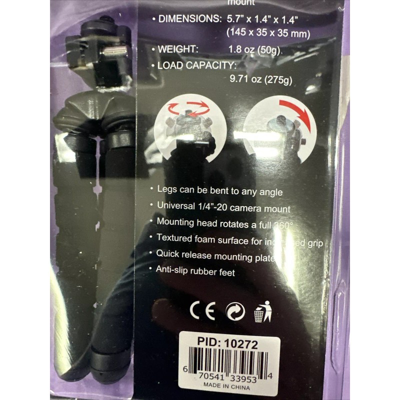Monoprice 10272 Small Ultra Light Flexible Tripod Black Swivel Head