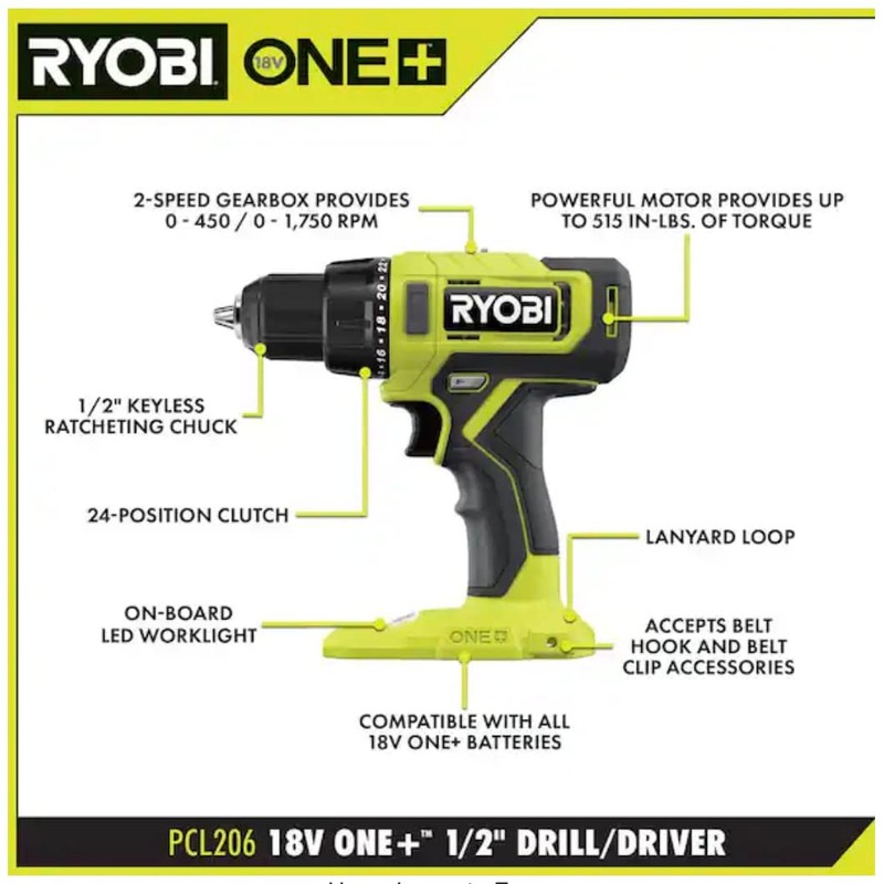 RYOBI ONE+ 18V Cordless 1/2 in. Drill/Driver (Tool Only) PCL206B,