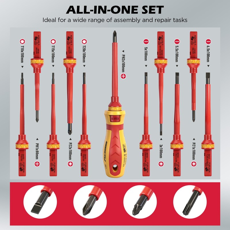 1000V Insulated Electrician Screwdriver Set - 13-Piece Professional Electrical Screwdriver