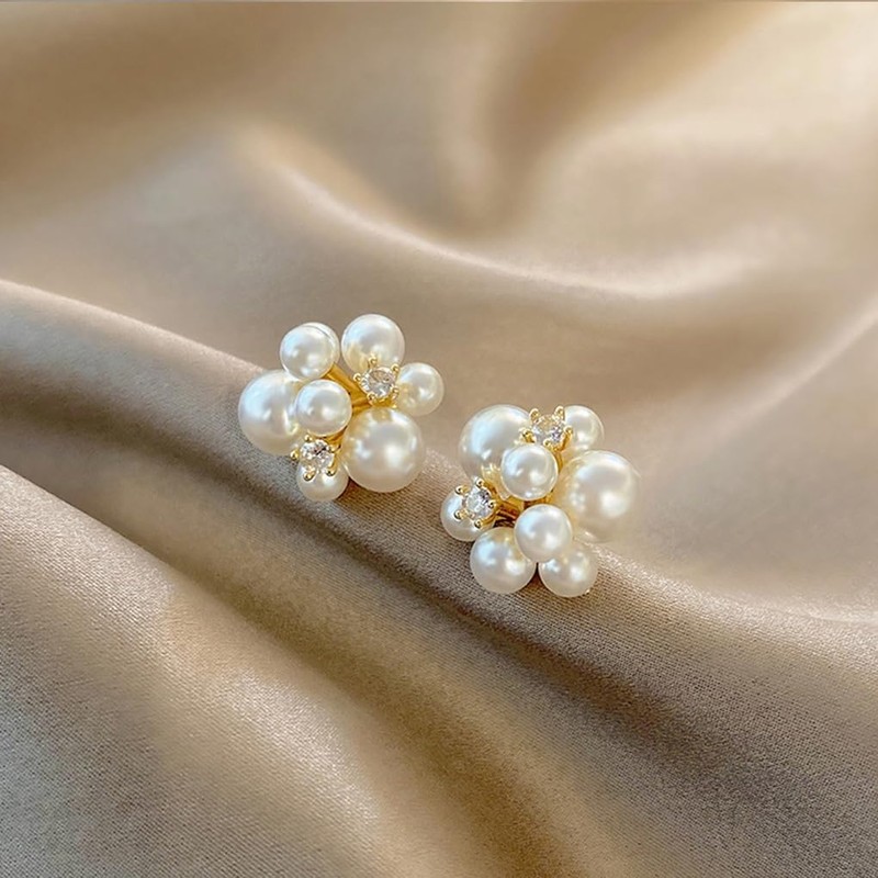 Pearl Stud Earrings for Women,Large Pearl Cluster Earrings,Cute Big Beaded