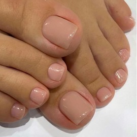 Pack of 120 MouyouGlow Fake Toenails, Toenails for Sticking, Short, Squared Nude, Natural, Glossy, Plain, Skin Colour, Artificial Toe Nails, Full Cover Foot Press On Nails with Glue