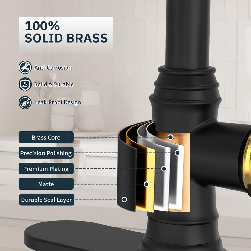 BWE Black Kitchen Faucet with Pull Down Sprayer and Gold