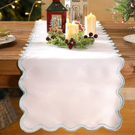 Windkream Scalloped Edge Table Runner 70 Inches Preppy Embroidery Edge Table Runner Cute Neutral Rustic Dining Decor for Kitchen (Light Blue,White)