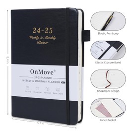 OnMove Planner 2024-2025 Daily Weekly and Monthly Planner from July 2024 to June 2025 with Pen Holder Elastic Closure Inner Pocket for Men Women A5 Size Black
