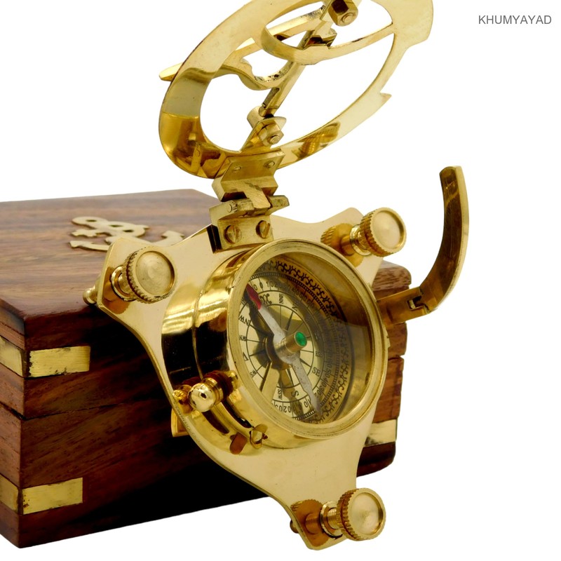 KHUMYAYAD Brass Sundial Compass Antique Nautical Replica Item with Rosewood