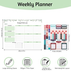 Weekly To Do List Notepad, 8.5''x11'' Weekly Desk Planner with 52 Tear Off Sheets Undated Weekly Planner Habit Tracker & Productivity Organizer for Home School and Work, Green Leaf