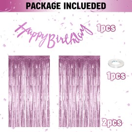 Pink Birthday Party Decorations Set with 2PCS Pink Tinsel Foil Fringe Curtains Backdrop Door Streamers Glitter Happy Birthday Banner Bunting Background for Girls Women Happy Birthday Decorations