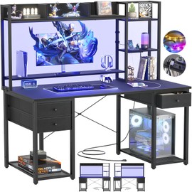 Aheaplus Desk with LED and Outlets, Gaming Desk with Hutch, 47.2'' Computer Desk with Drawers, Reversible Office Desk with Storage Bookshelf Large Workstation Desk with Shelf, Desk for Home, Black