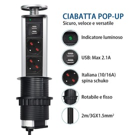 EXTRASTAR Retractable Desk Socket with 2 USB 3 Italian Sockets Table Tower Column with Protection for Kitchen Countertops Office