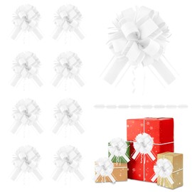 Large Pull Bows, 6 Inches Bows for Gift Wrapping, 8 PCS Christmas Bows White Organza Gift Bows Wrapping Ribbon Pull Bows for Presents Package Baskets Wedding Birthday Party Wrapping Boxes Decorations