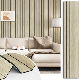 STICKEEP Beige Oak Peel and Stick Wood Panels 3D Textured Acoustic Wall Slats Panel for Wall Self Adhesive Soundproof Wooden Slatted Panel Wallpaper for Bedroom Home Decor Office Studio 12" x 120"