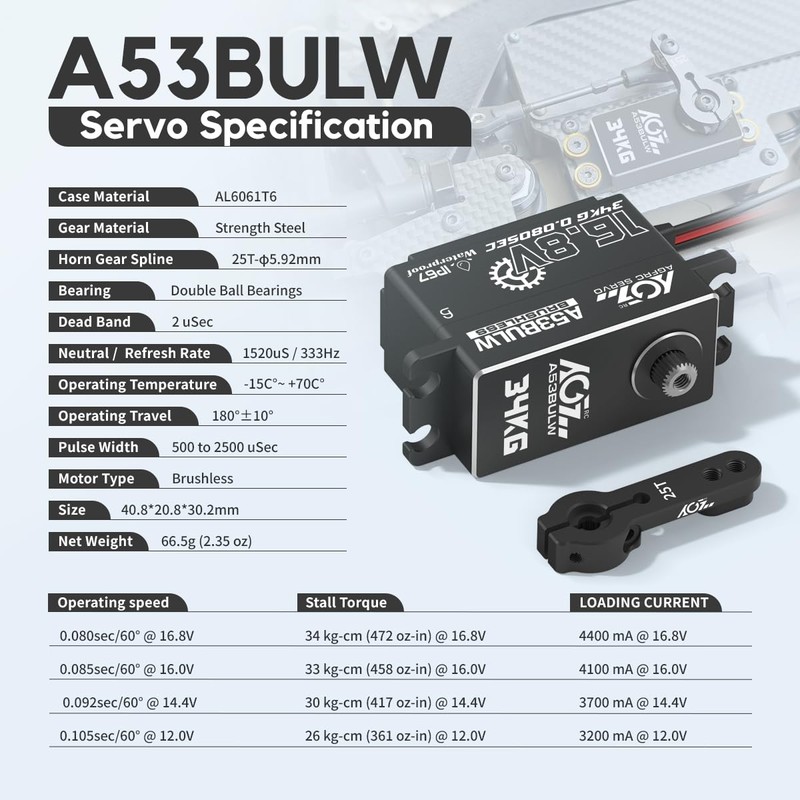 AGFRC 34KG Waterproof Low-Profile RC-Steering-Servo - 16.8V Direct Power High