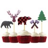ALISSAR 30-Pack Lumberjack Cupcake Toppers, Buffalo Plaid Baby Bear Tree