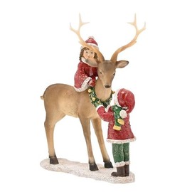 Widdop and Co. - The Seasonal Gift Co. - Victorian Boy & Girl With Reindeer Figurine Christmas Ornament Decoration. White, Green & Brown Xmas Homeware Indoor Festive Holiday Room Decor.