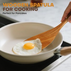 Flat Wood Spatula, EOHASA 12 inch Non Toxic Wooden Spatula for Cooking, Handcrafted Teak Wood Curved Turner Spurtle for Non Stick Pan, Safe Long Handle Cooking Utensils - Scraper for Kitchen Use