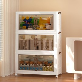 Stackable Storage Bins with Lids,165QT Closet Organizers and Storage,Collapsible Storage Bins with Wheels,Magnetic Suction Door Plastic Organizers and Storage for Closet,Bedroom, White(3 Tiers）