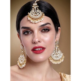 Aheli Indian Wedding Kundan Pearl Maang Tikka con pendiente Set Bollywood Party Joyería tradicional para mujeres niñas (blanco)