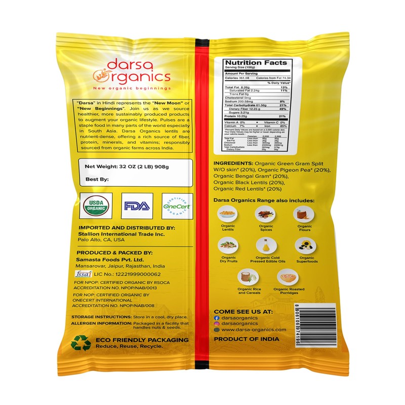 Darsa Organics Mix Lentils 2 lb | Indian Panchmel Dal